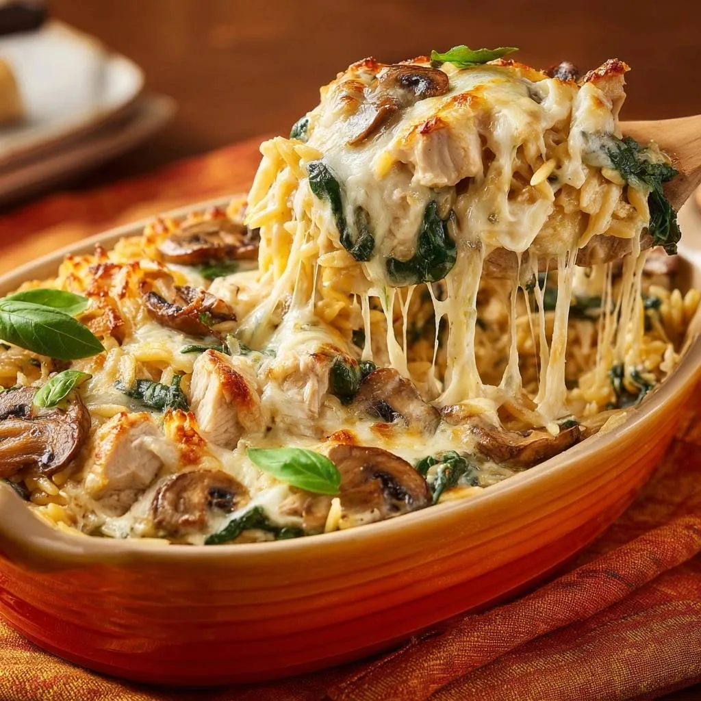 Cheesy chicken spinach mushroom pasta bake with a generous scoop showing a long cheese pull, baked in an orange dish.
