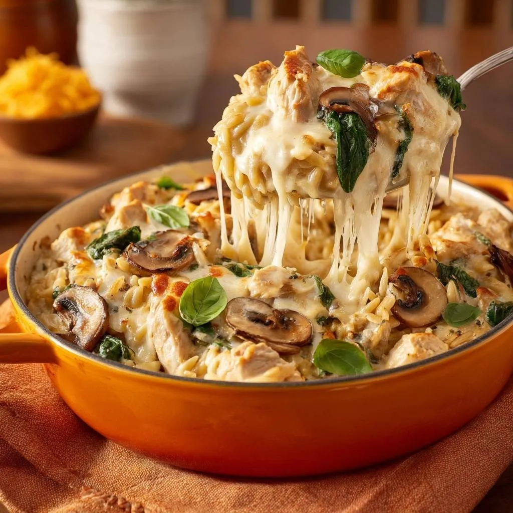 Cheesy chicken spinach mushroom pasta bake with a generous pull of melted cheese being lifted from the dish.
