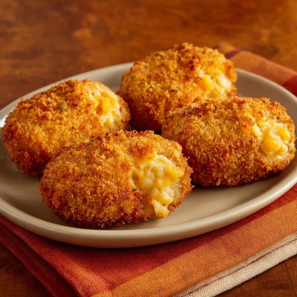 Crispy cheesy corn croquettes shown in a close-up cross-section revealing the gooey cheese and corn filling inside.