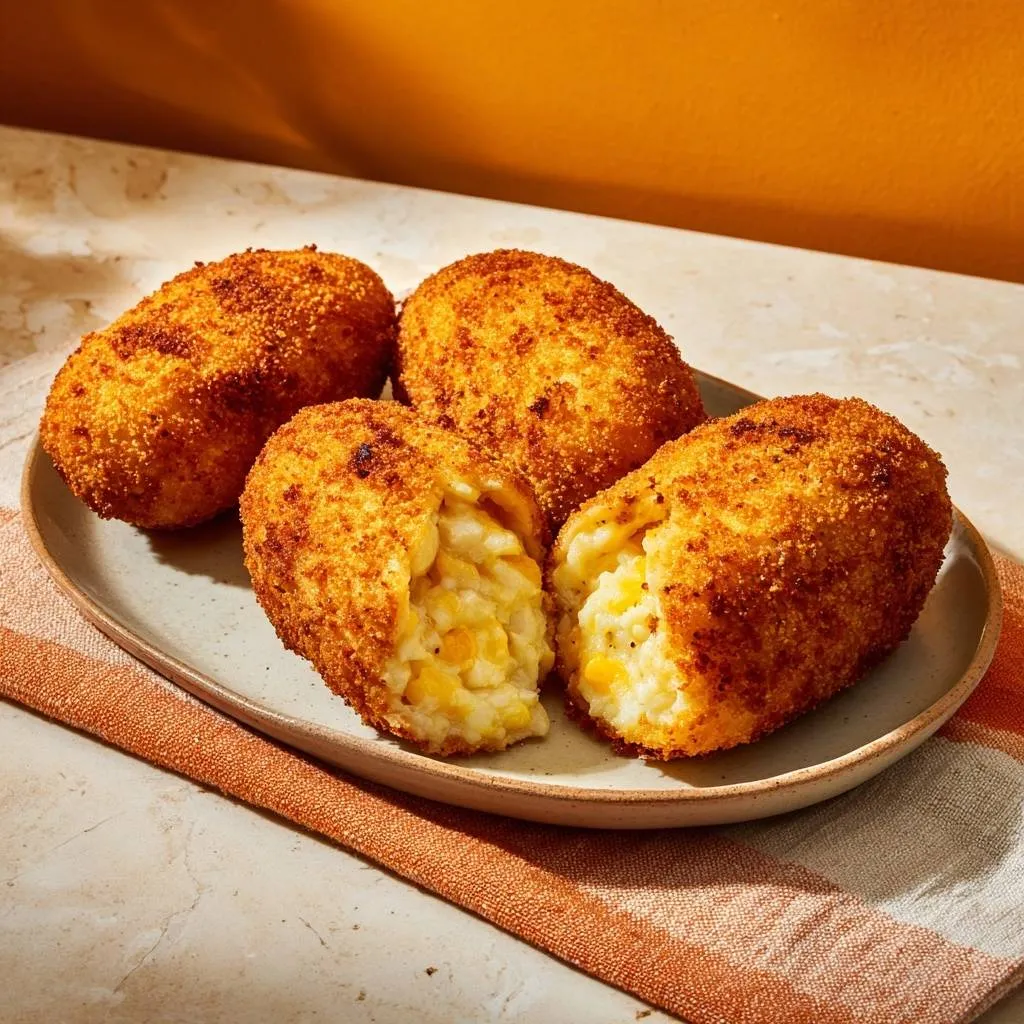 Crispy cheesy corn croquettes shown in a close-up cross-section revealing the creamy rice and corn filling.
