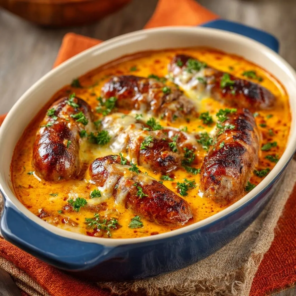 Cheesy curry sausage bake with juicy sausages in a creamy sauce, garnished with parsley in a blue dish.