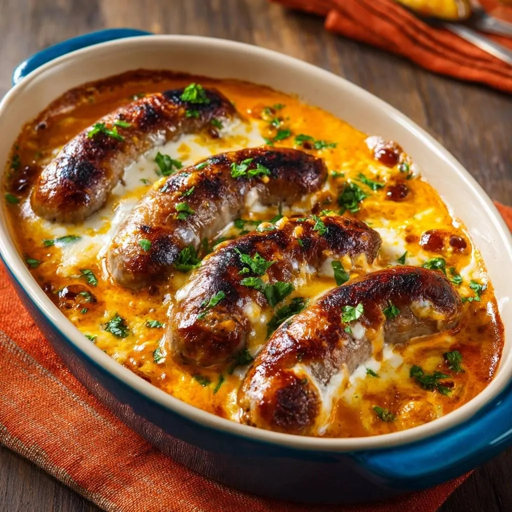 Cheesy curry sausage bake in a blue casserole dish, featuring juicy baked sausages swimming in a creamy, orange sauce and garnished with parsley.
