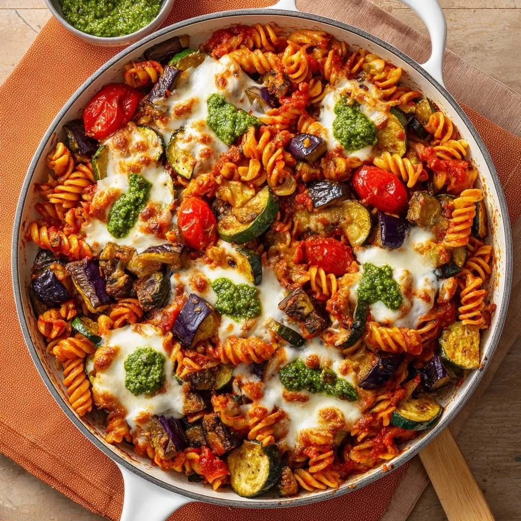 Cheesy eggplant zucchini pasta skillet shown in an overhead view, topped with fresh pesto.