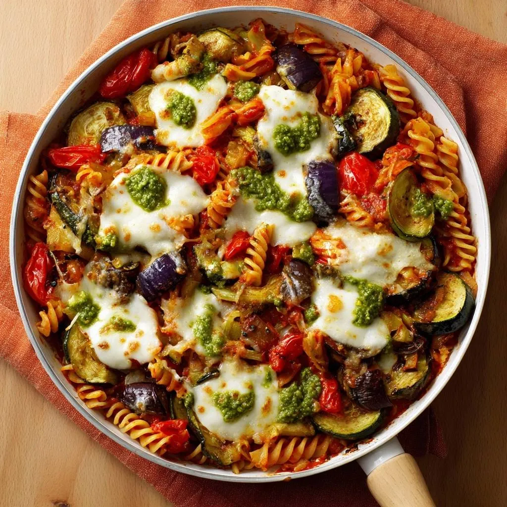 Cheesy eggplant zucchini pasta skillet shown in a white skillet with a top-down view, featuring melted mozzarella and pesto.