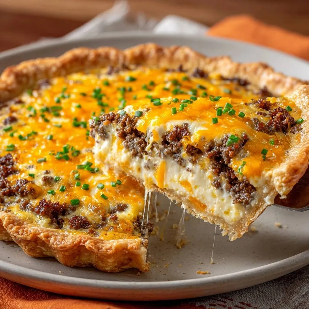 Cheesy ground meat potato pie with a slice being lifted to show the cheesy, creamy interior and golden crust.