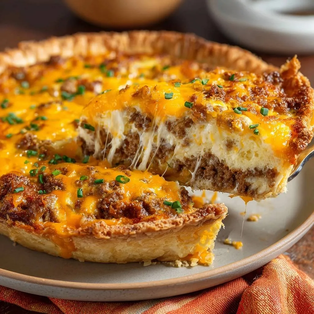 Cheesy ground meat potato pie slice lifted showing gooey cheese and savory filling inside a golden crust.