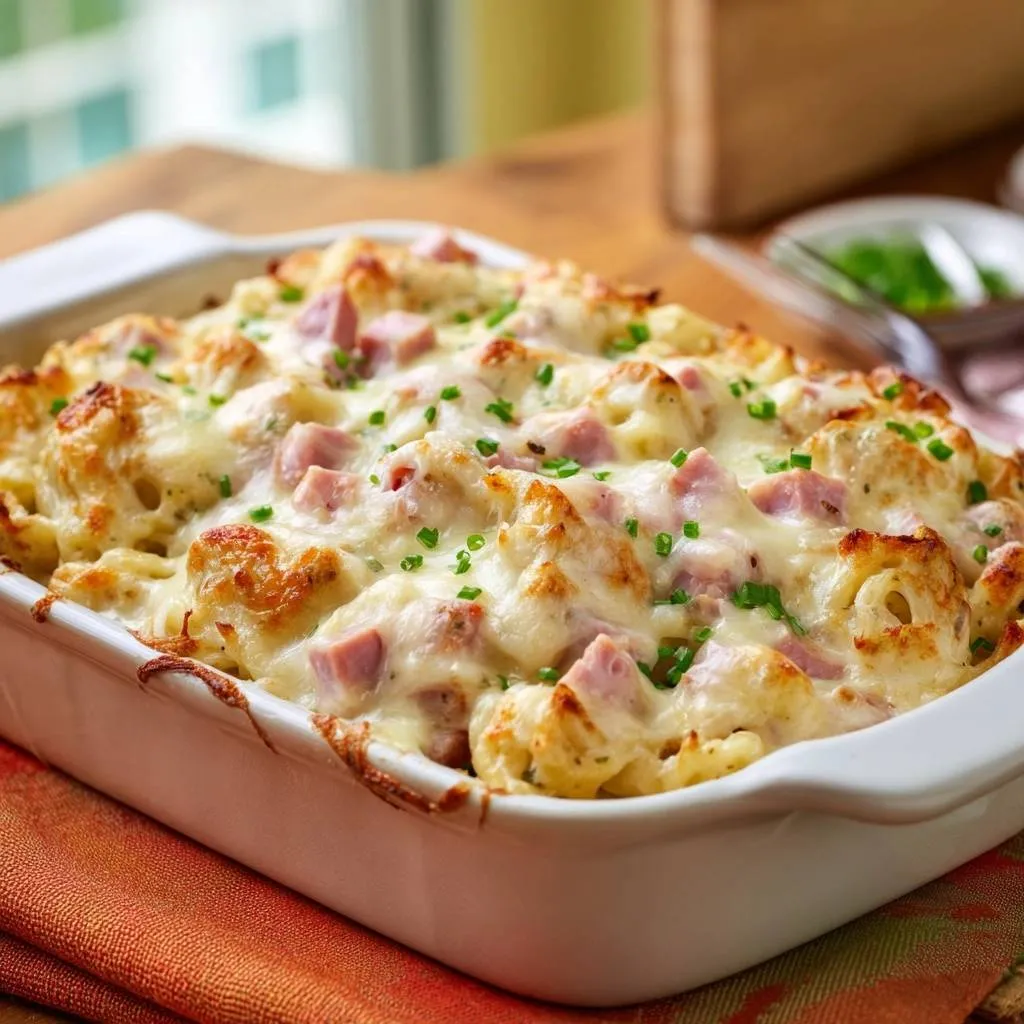 Cheesy ham pasta bake with a golden bubbly cheese topping and fresh chives, served in a white baking dish.