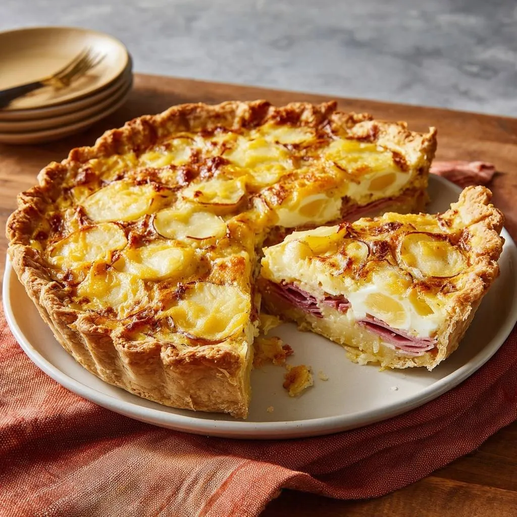 Cheesy ham and potato quiche with crisp crust mastery, shown in a close-up cross-section revealing its layers.