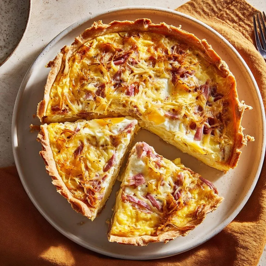 Cheesy ham and potato quiche with crisp crust shown in an overhead view with slices removed.