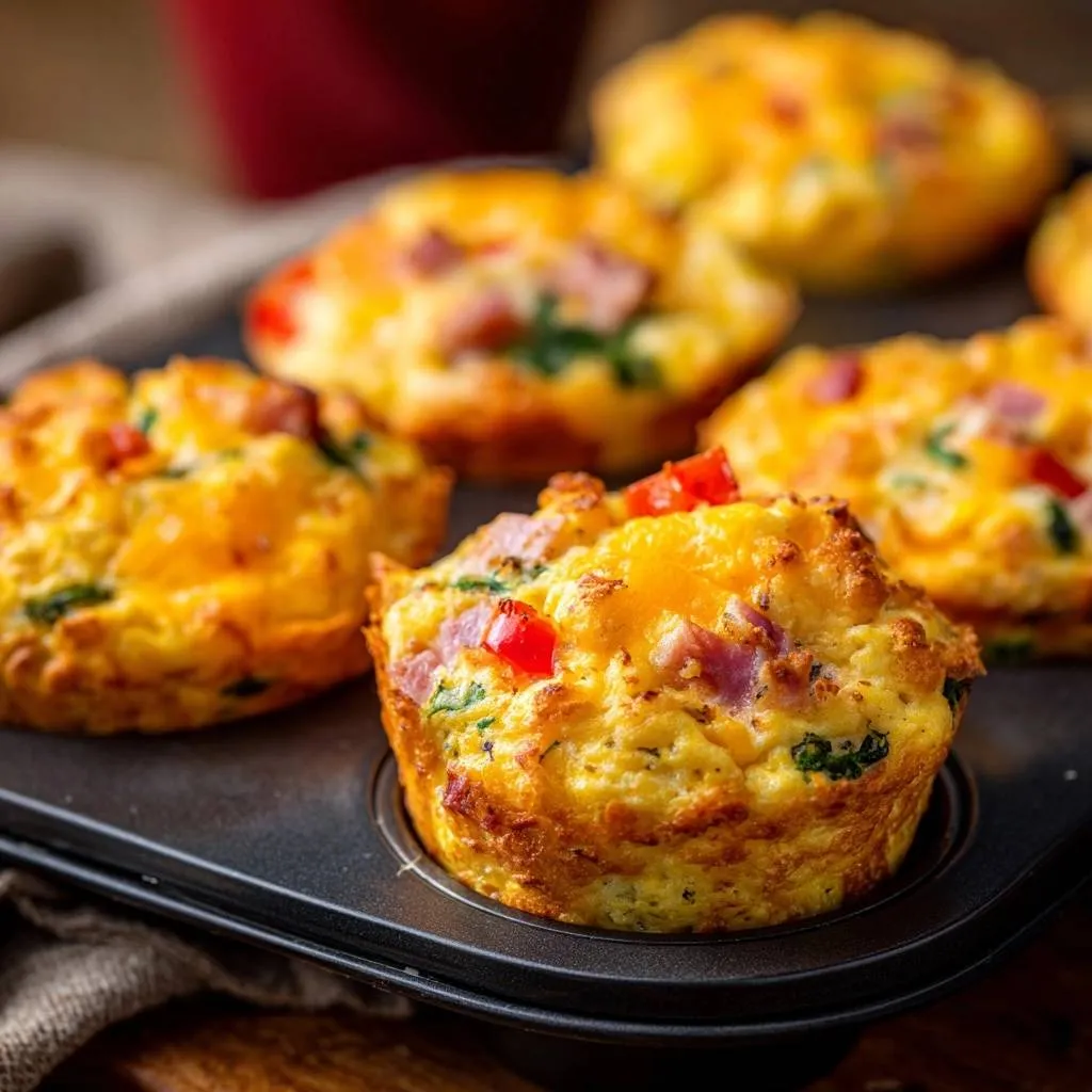 Cheesy ham spinach pepper egg muffins baked in a dark muffin tin, showing a close-up of the golden-brown tops.
