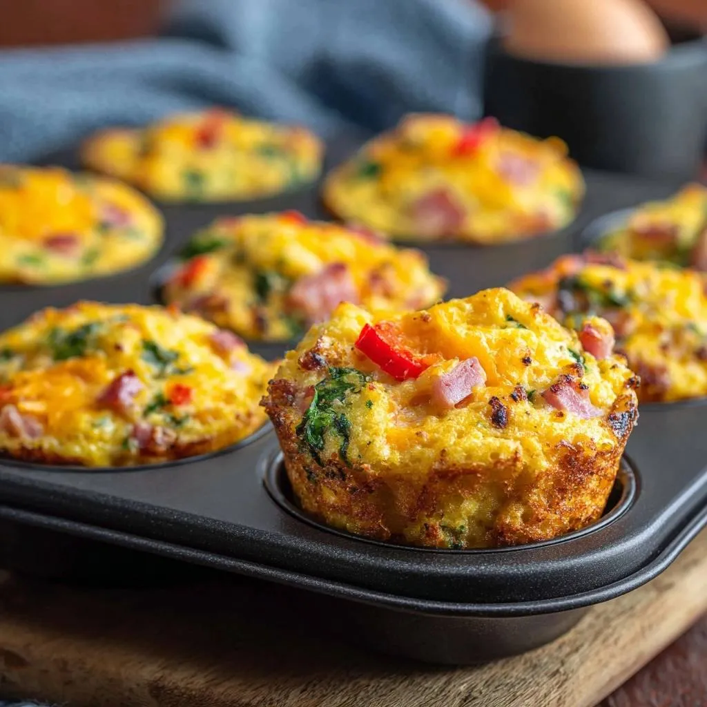 Cheesy ham spinach pepper egg muffins shown up close in a muffin tin, highlighting the baked texture and ingredients.
