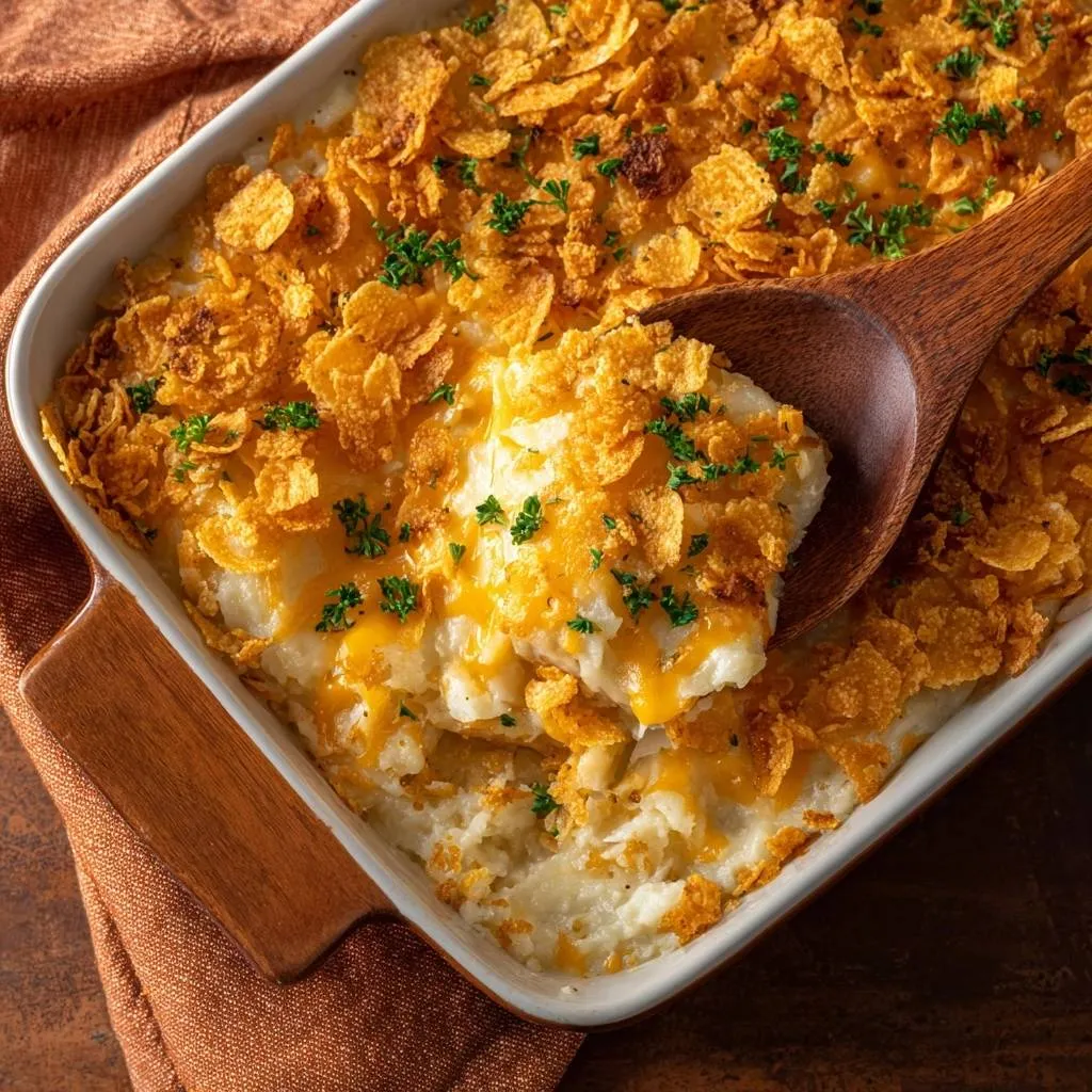Cheesy mashed potato casserole with crunchy cornflake topping with a serving being lifted out by a wooden spoon.