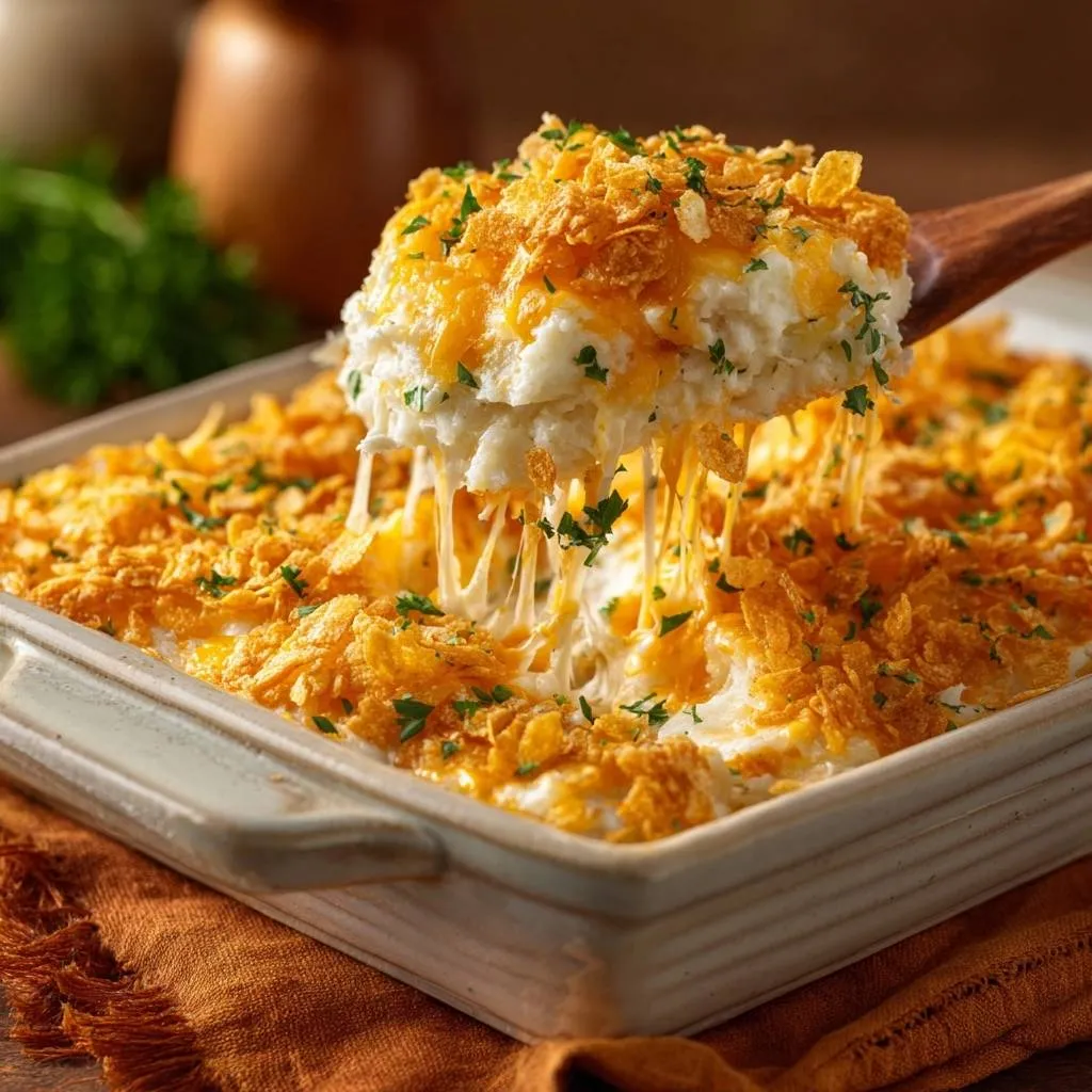 Cheesy mashed potato casserole with crunchy cornflake topping, a scoop showing melted cheese strings.