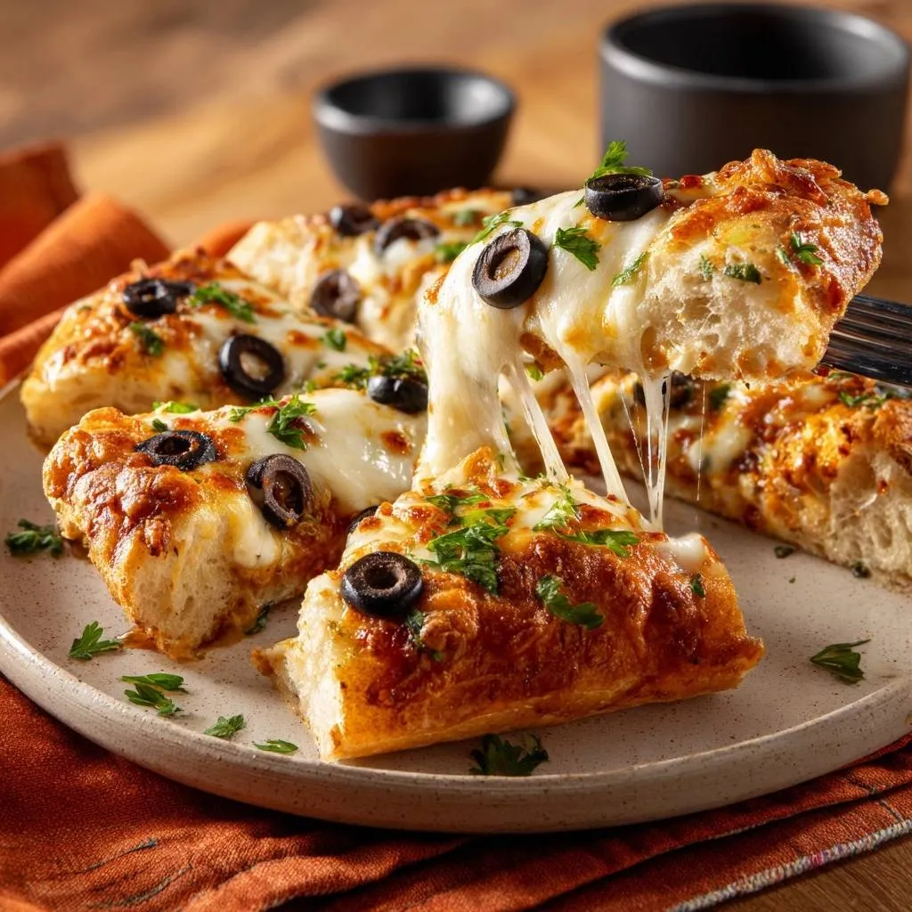 Crispy cheesy olive baguette with a piece being pulled up, showing strings of melted cheese.