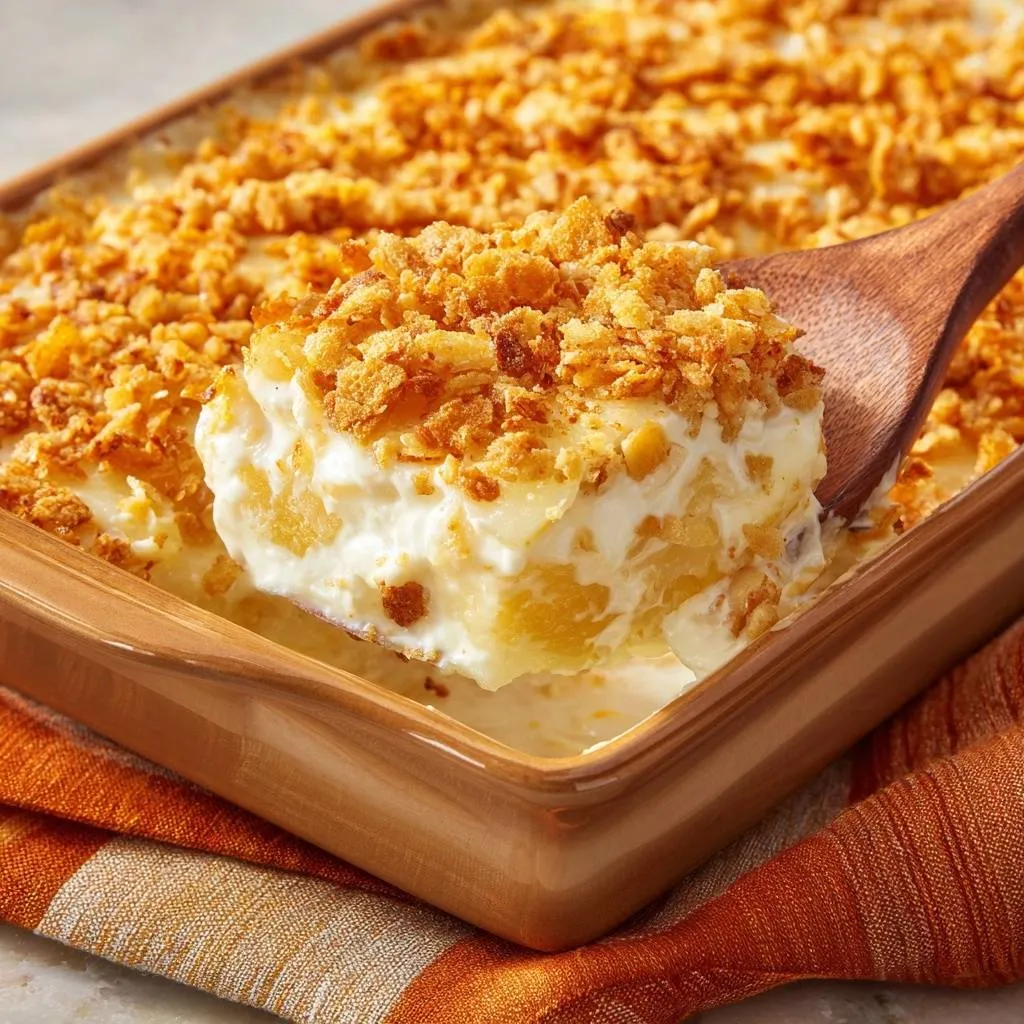 Cheesy potato casserole with crispy cornflake topping, shown in a close-up cross-section as a spoonful is lifted.