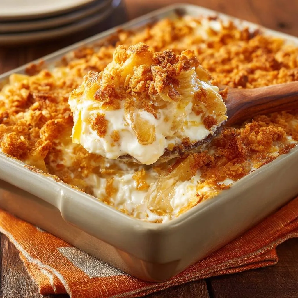 Cheesy potato casserole with crispy cornflake topping, a spoonful being lifted from the casserole dish.