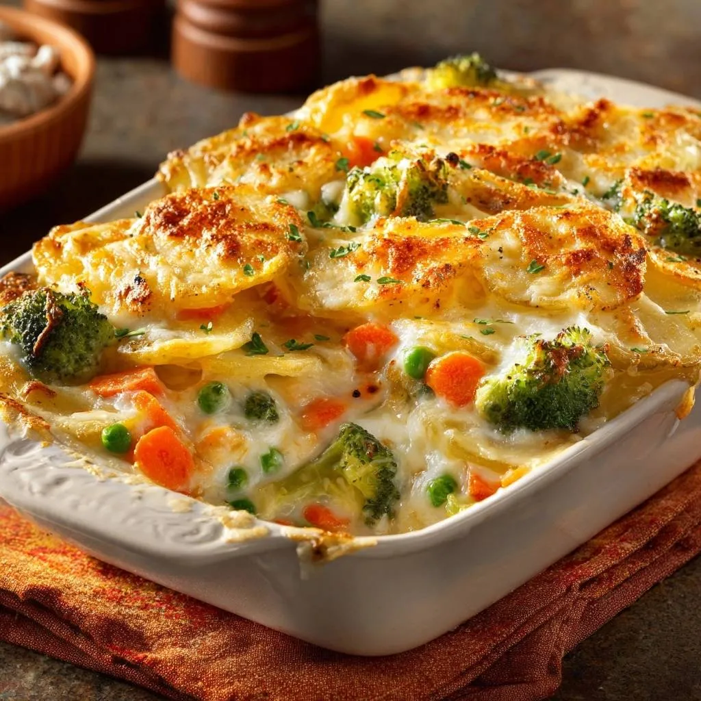 Cheesy potato vegetable casserole close-up, showing layers of thinly sliced potatoes, broccoli, carrots, and peas in a creamy sauce, freshly baked.