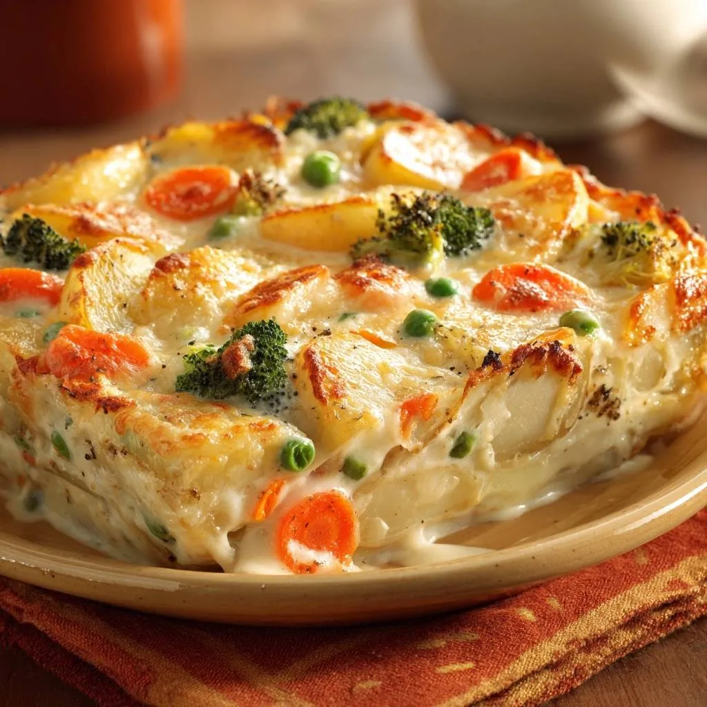 Cheesy potato vegetable casserole cross-section showing layers of potatoes, broccoli, carrots, and creamy sauce.