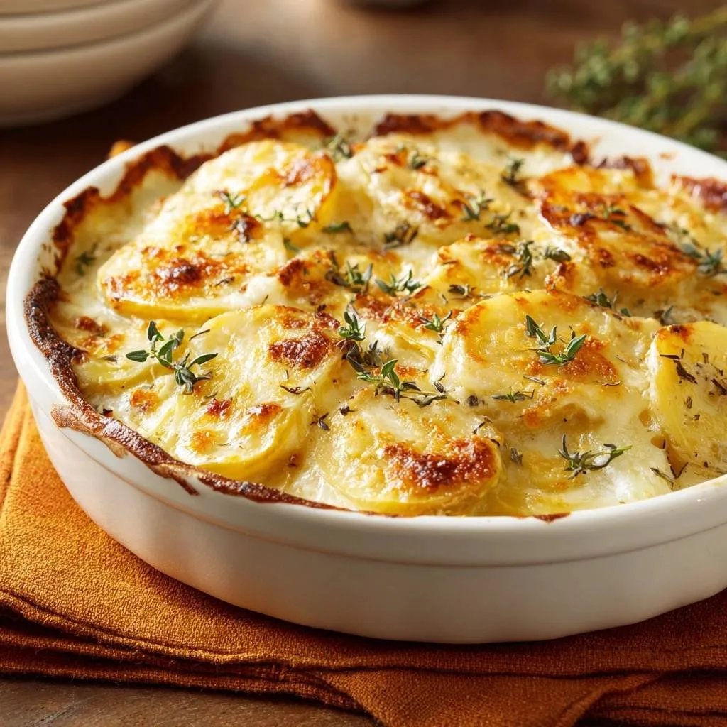 Cheesy potatoes au gratin with fresh thyme garnish in a white baking dish.