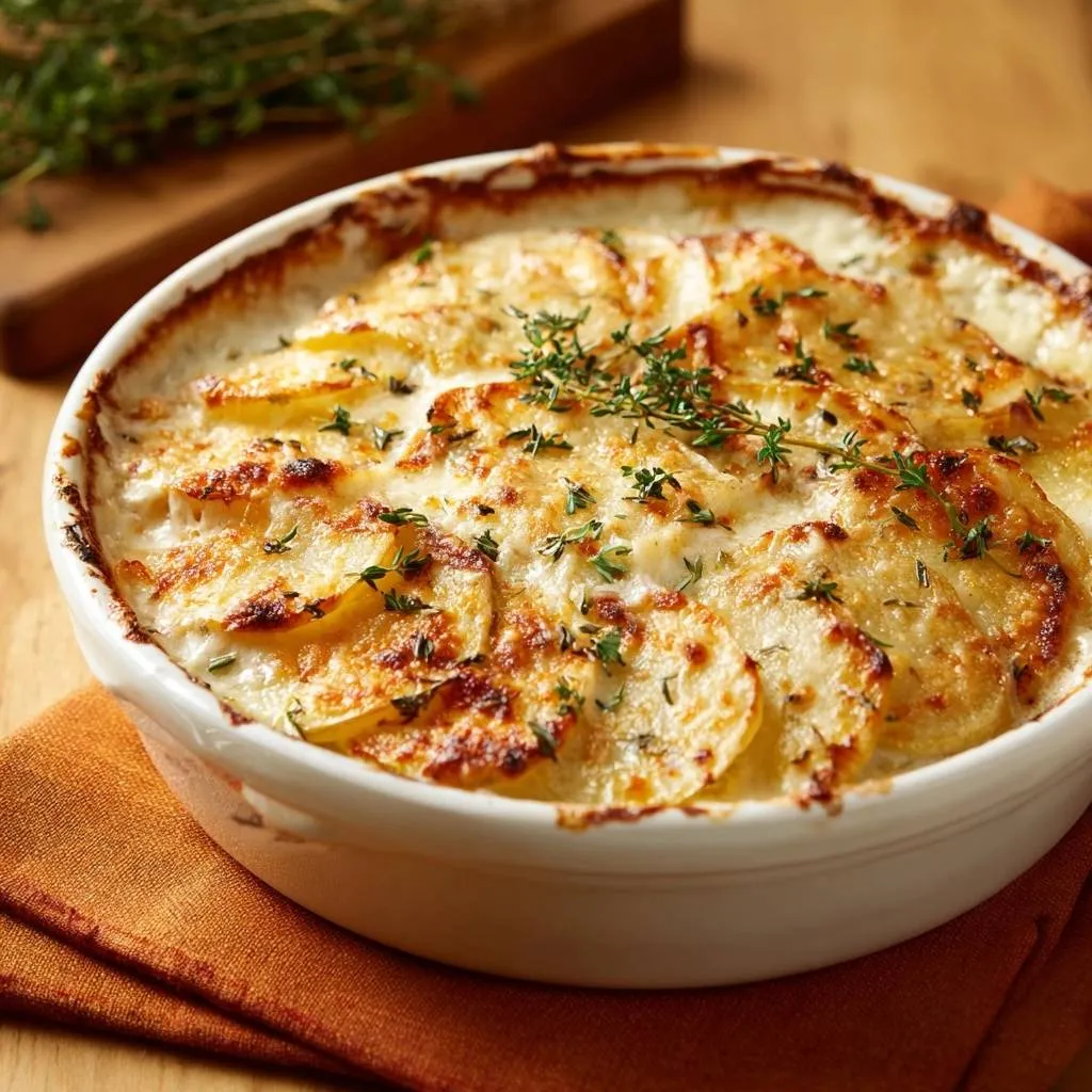 Cheesy potatoes au gratin shown in a white dish with a golden-brown cheesy topping and fresh thyme garnish.