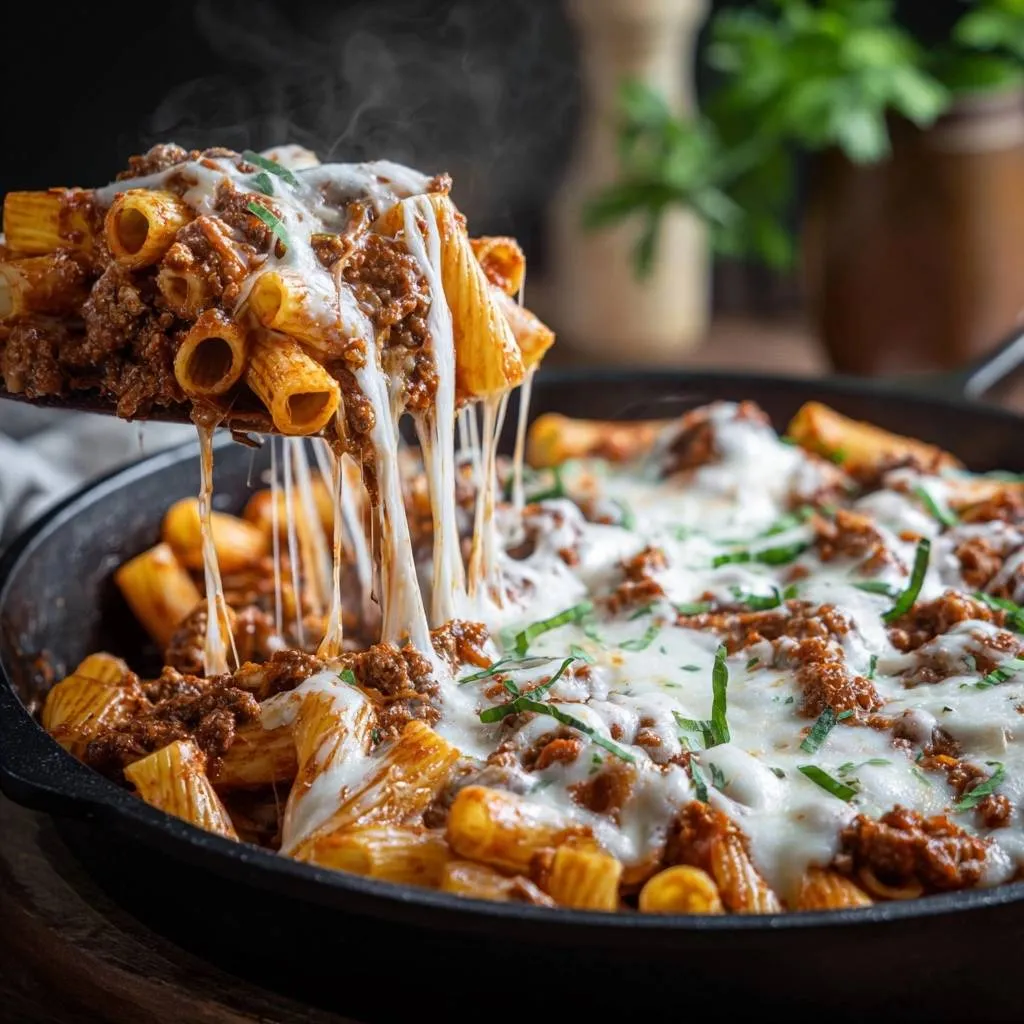 Skillet Cheesy Rigatoni Bolognese with a dramatic cheese pull, showcasing the bubbly melted cheese.