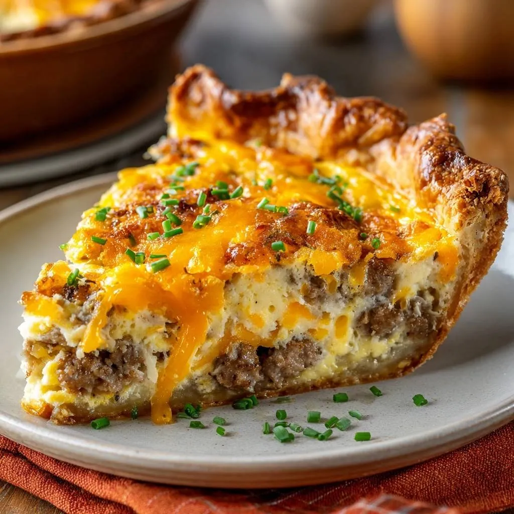 Cheesy sausage quiche cross-section showing layers of sausage, egg, and melted cheese with a golden crust.