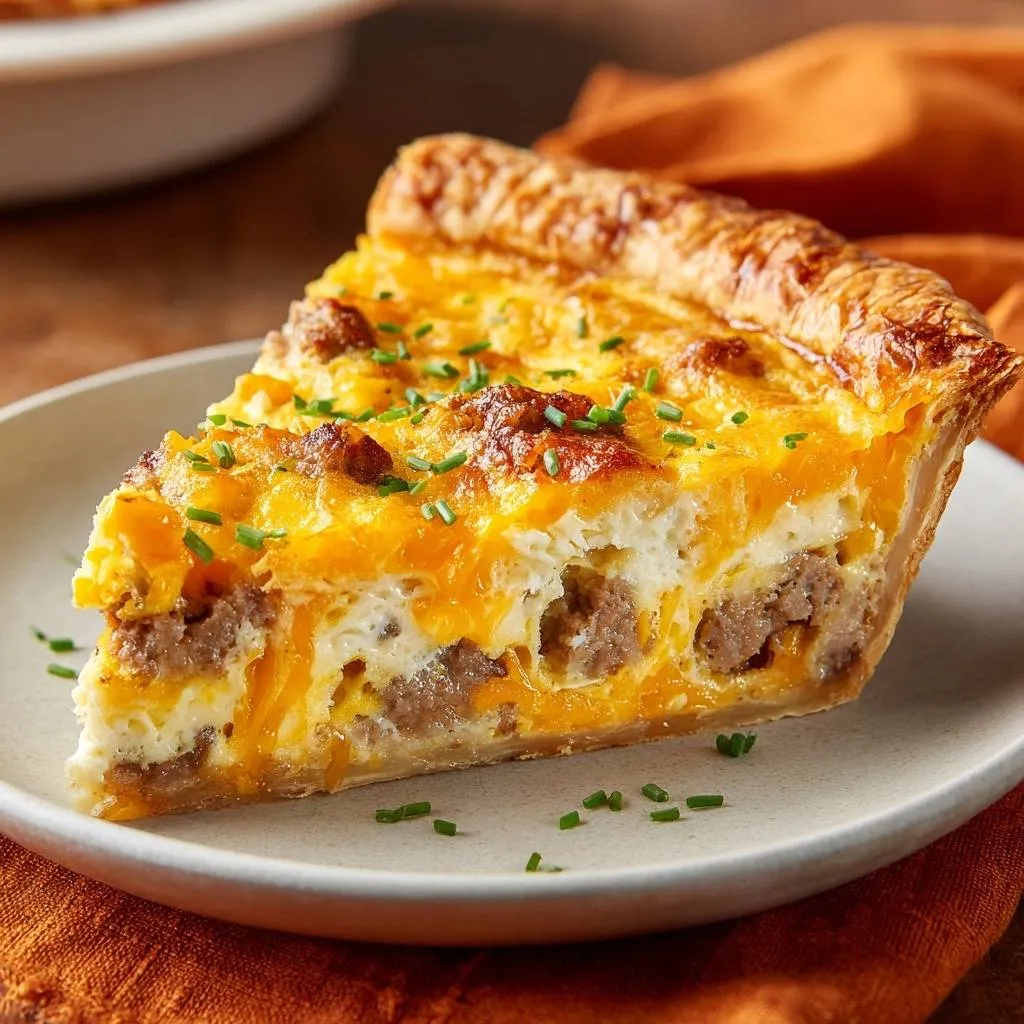 Cheesy sausage quiche with a golden crust, shown as a close-up cross-section on a plate with chives.