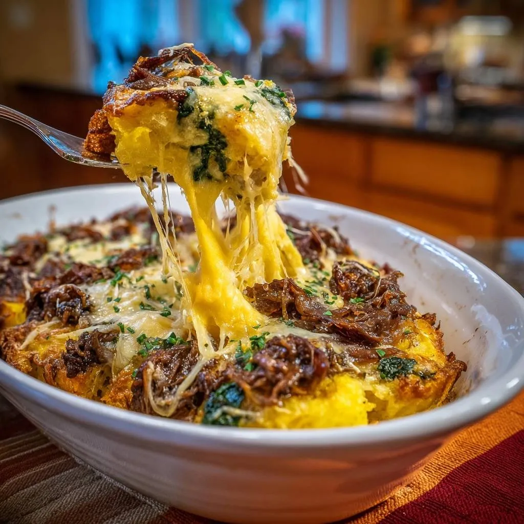 Cheesy sausage spinach cornbread with a fork lifting a piece showing a long cheese pull.