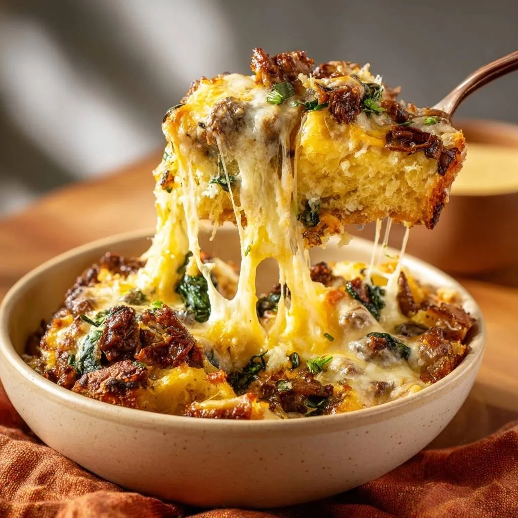 Cheesy sausage spinach cornbread with a dramatic cheese pull as a piece is lifted from the bowl.