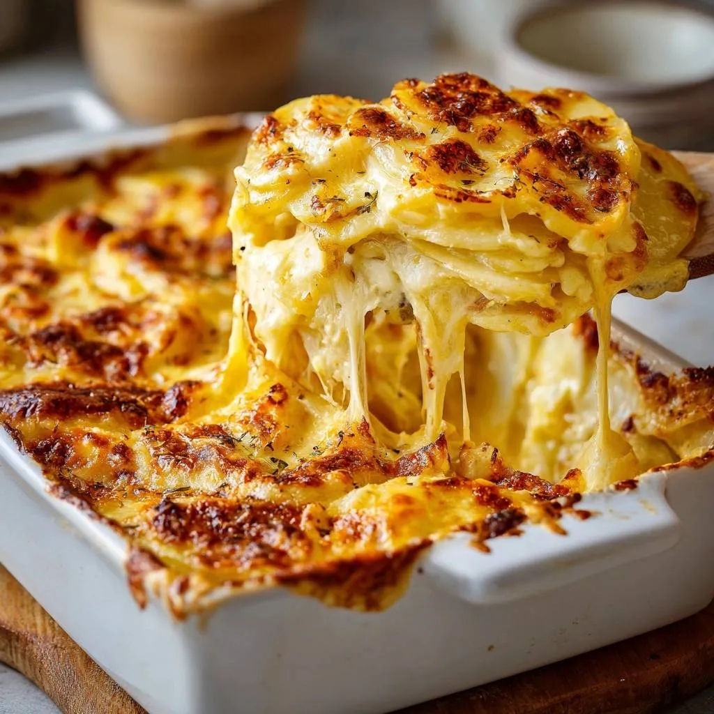 Cheesy scalloped potatoes with a generous portion being lifted, showing strands of melted cheese.