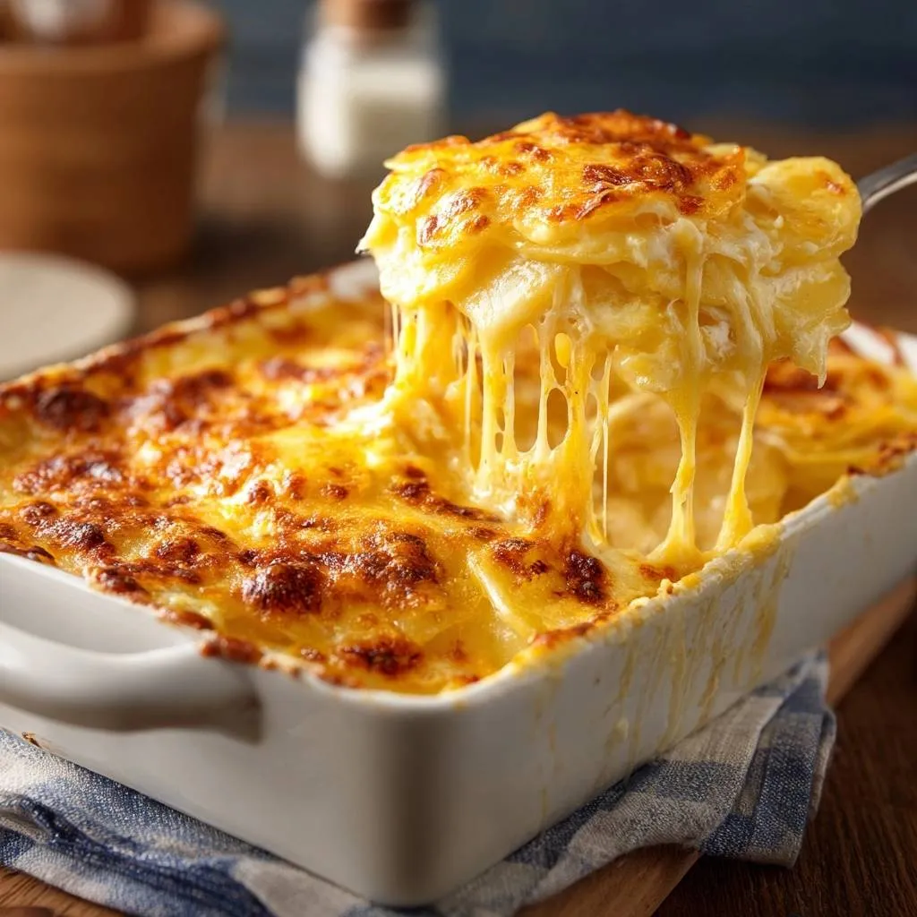 Cheesy scalloped potatoes with a generous serving being lifted, showcasing a gooey cheese pull.