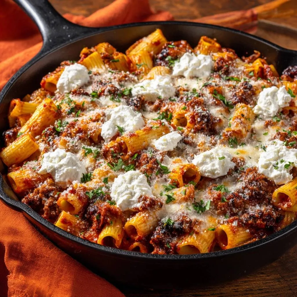 Cheesy skillet rigatoni bake with dollops of ricotta cheese and fresh parsley, shown in a close-up view.