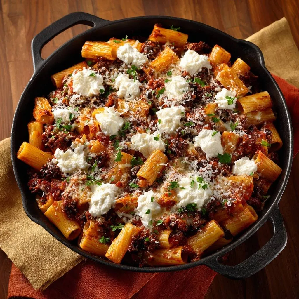 Cheesy skillet rigatoni bake with dollops of ricotta and fresh parsley, shown from an overhead view.