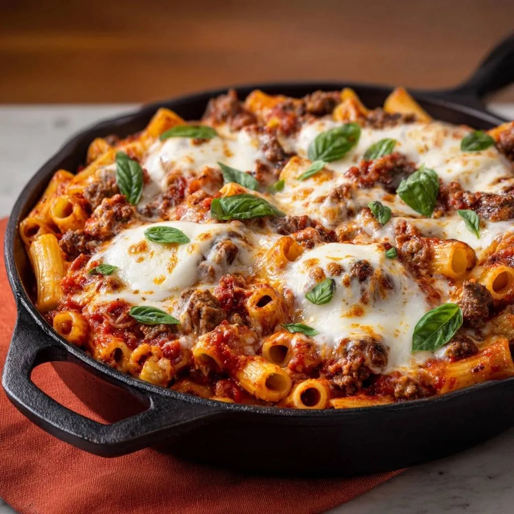 Cheesy skillet rigatoni with thick clingy sauce, featuring a close-up view of melted mozzarella and fresh basil garnish.