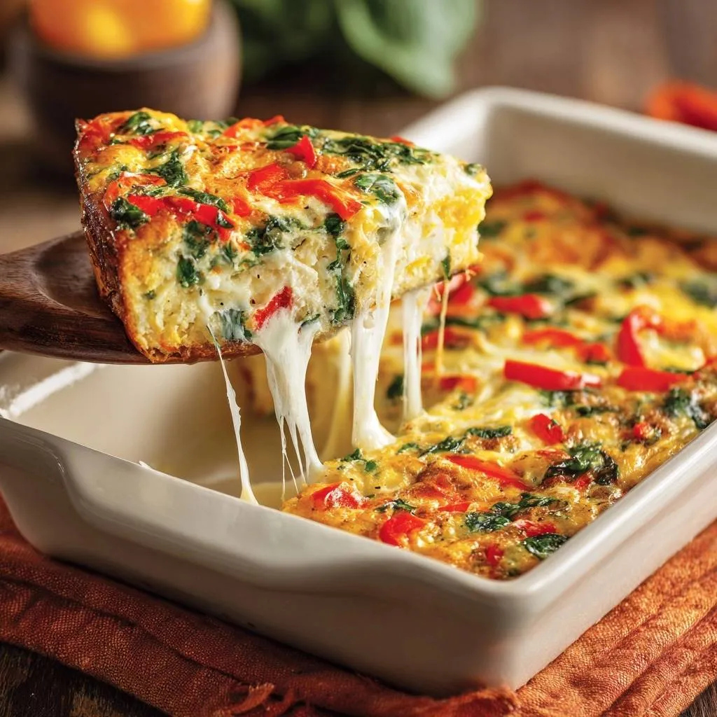 Cheesy spinach red pepper frittata with a slice being lifted, showing gooey melted cheese strings.