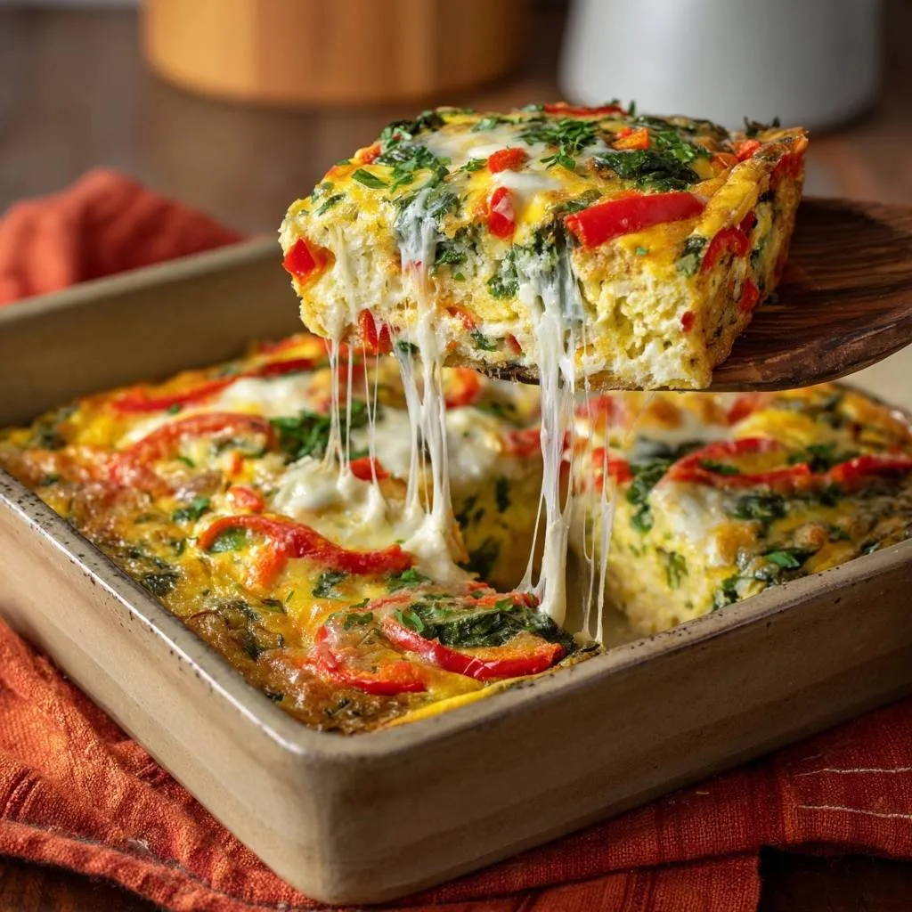 Cheesy spinach red pepper frittata, a slice being lifted to show gooey melted cheese.