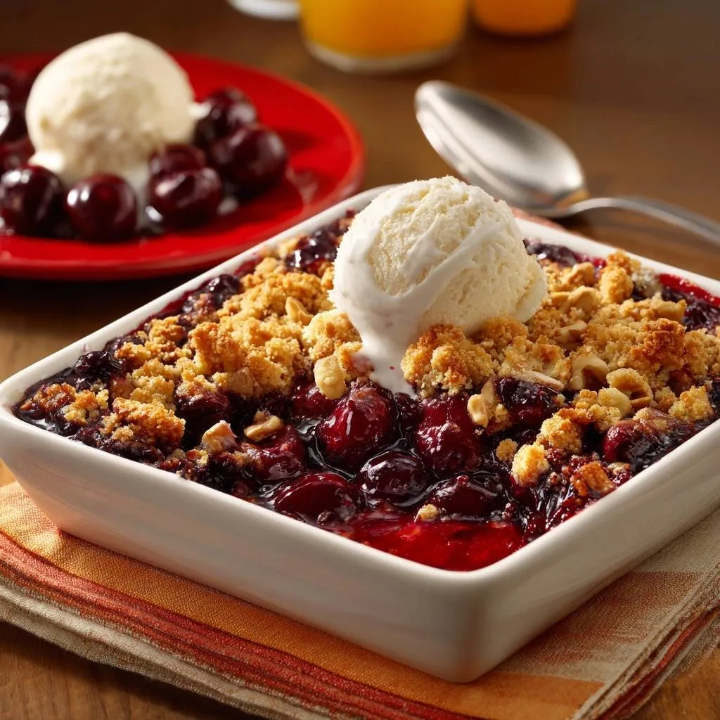 Perfect cherry crisp with a scoop of vanilla ice cream melting over the golden crumb topping in a white dish.