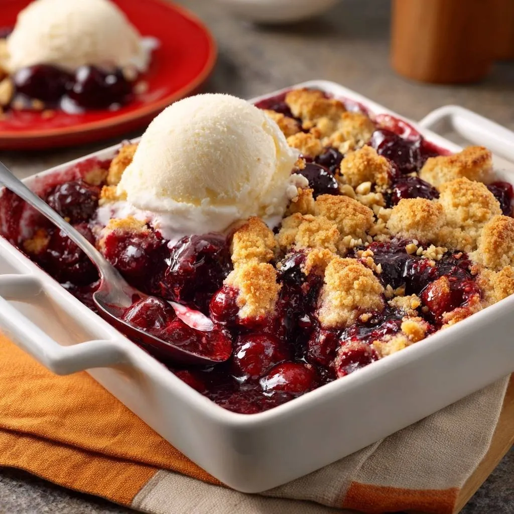 Perfect cherry crisp with shatteringly crisp topping, served in a white dish with a scoop of melting vanilla ice cream and a spoon.