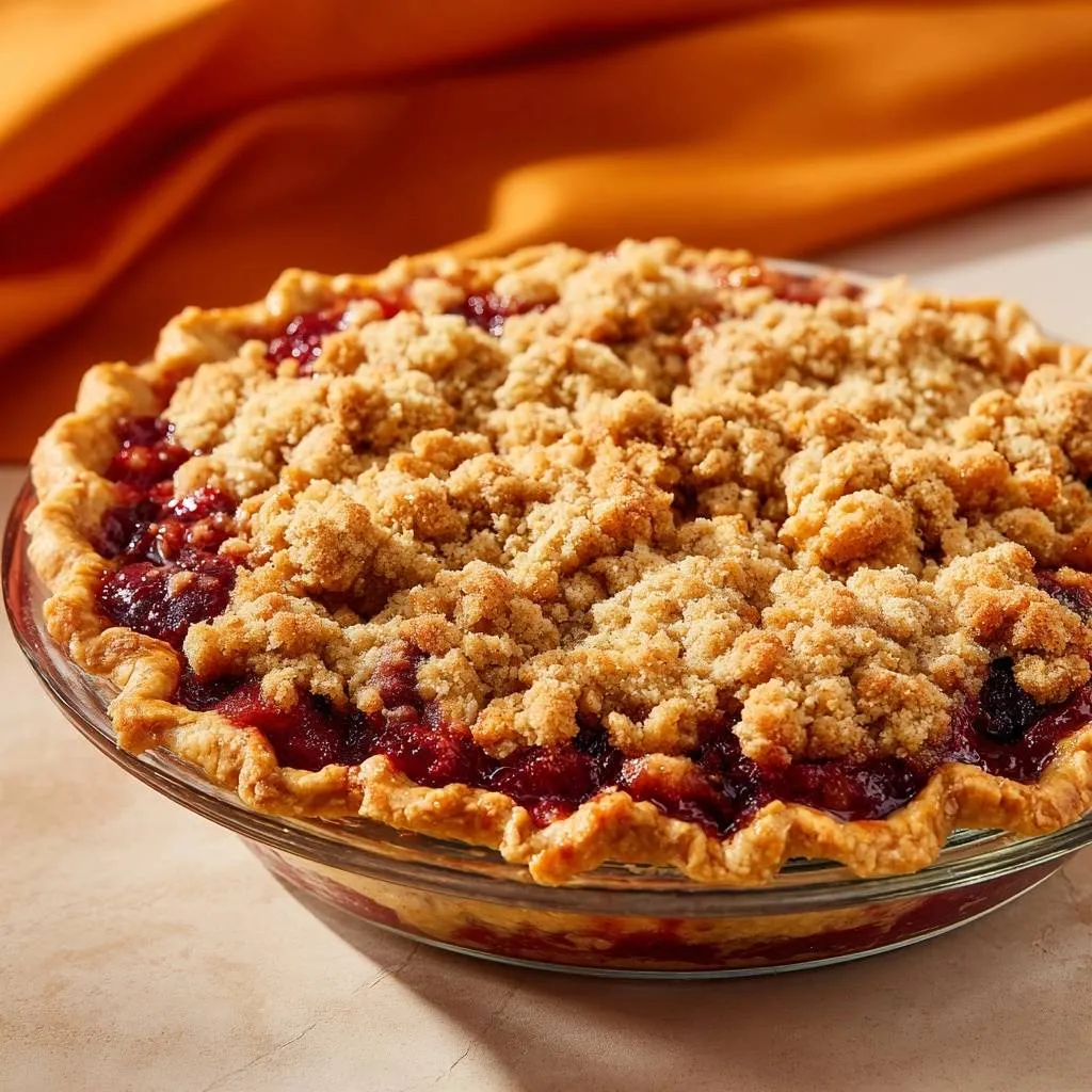 Cherry crumb pie with a golden brown crumble topping shown in a glass pie dish.
