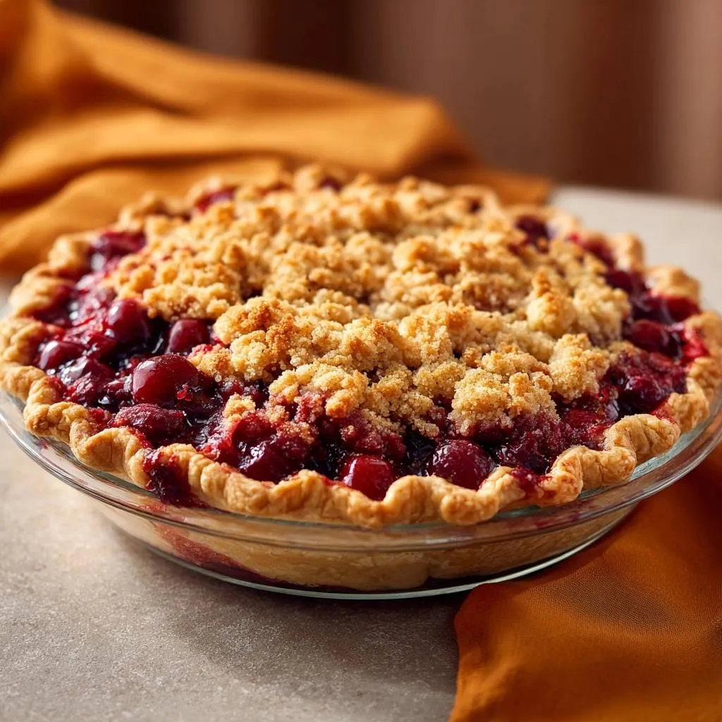 Cherry crumb pie with a crisp topping and flaky crust shown in a close-up side view.