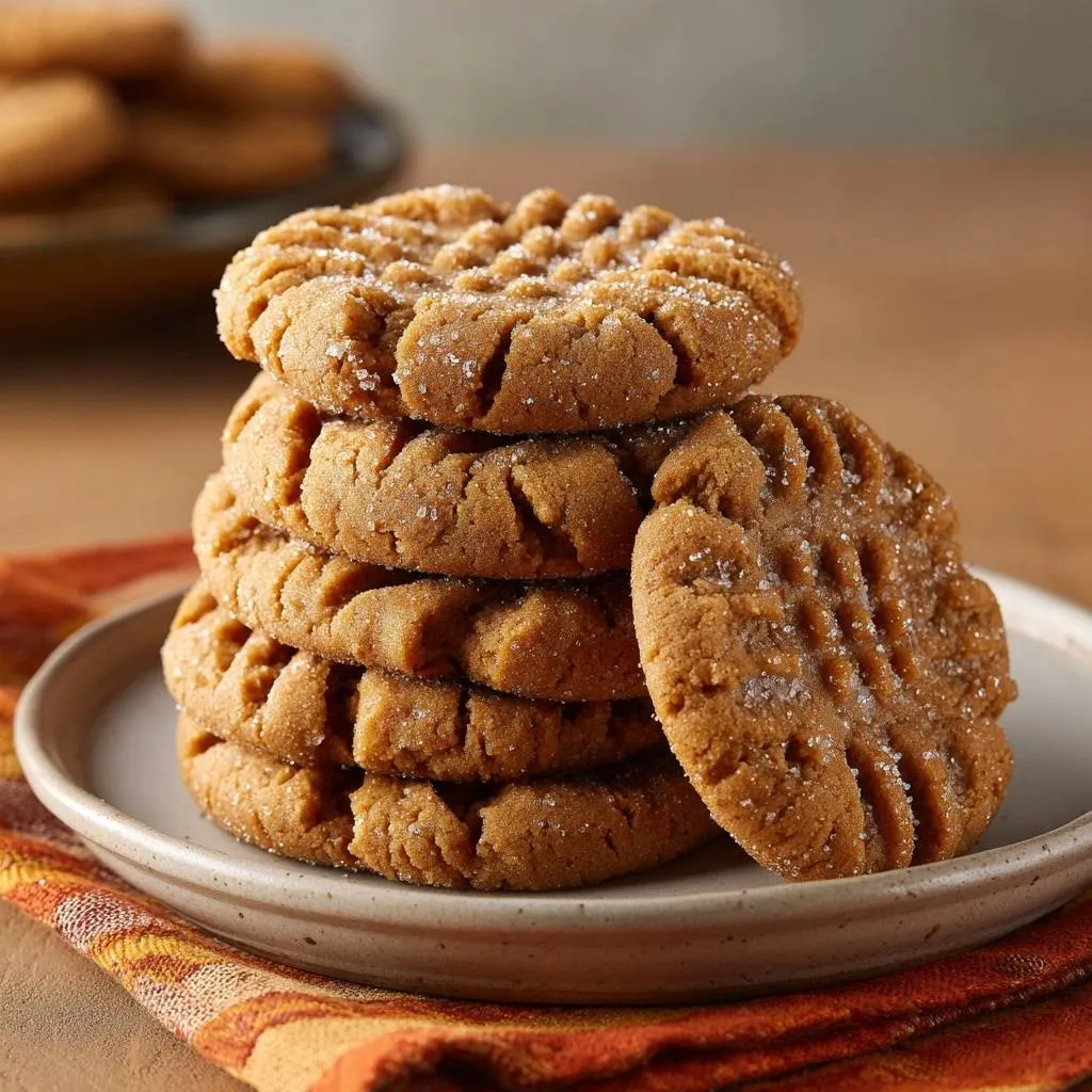 Chewy peanut butter cookies no-spread perfection stacked high on a plate with a detailed close-up view of the textured surface.