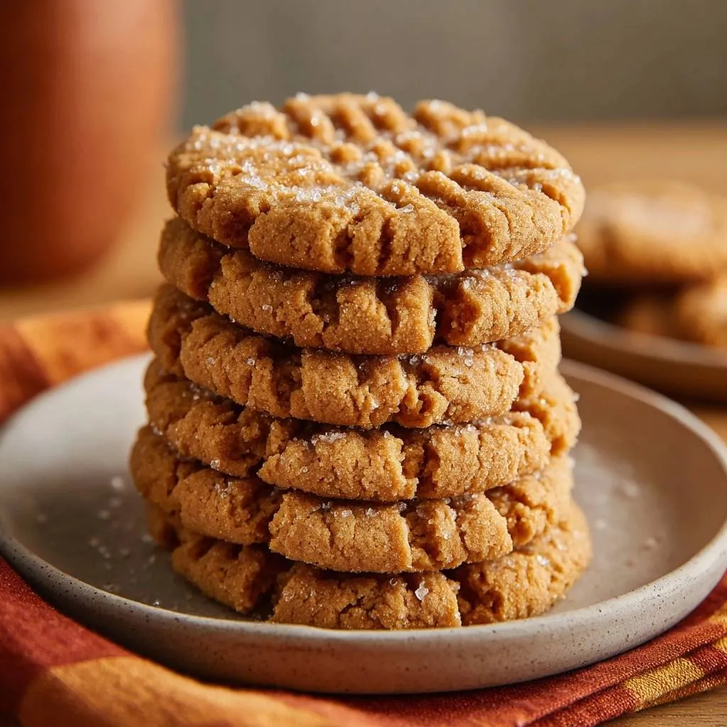 Chewy peanut butter cookies, a tall stack dusted with sugar, showing classic fork marks on top.