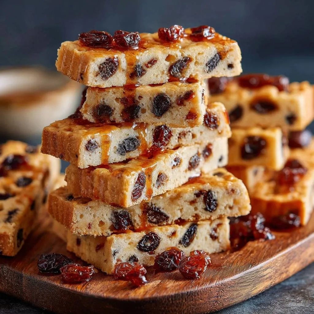 Chewy raisin oat bars stacked high, drizzled with golden glaze and topped with plump raisins.