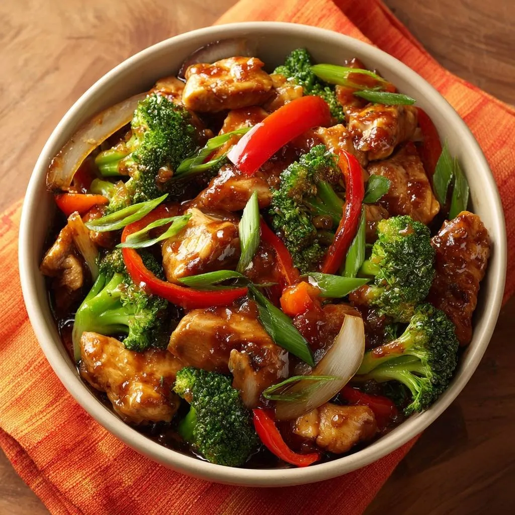 Chicken broccoli stir-fry with velveting technique shown in a close-up view of a full bowl with glistening sauce.
