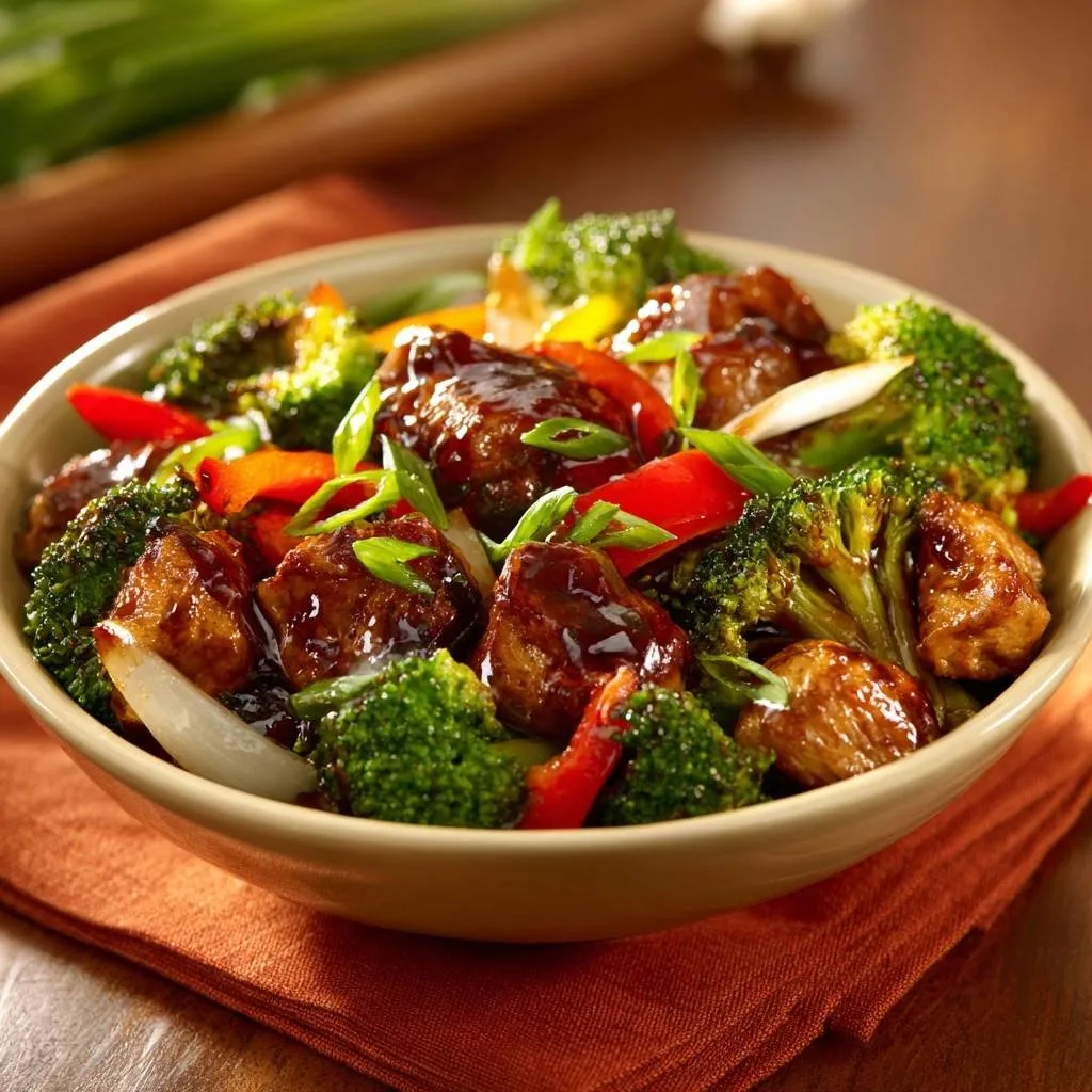 Chicken broccoli stir-fry with a glossy glaze, featuring tender meat and vibrant vegetables in a bowl.
