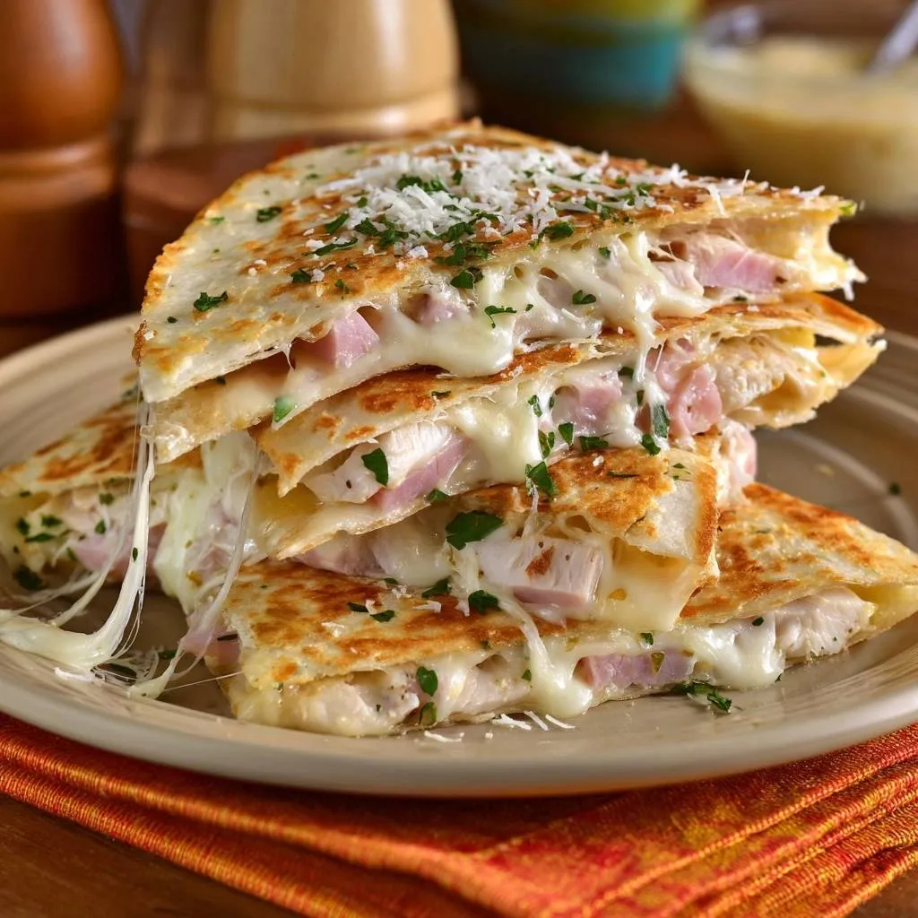 Loaded Chicken Ham Quesadillas showing a cheesy cross-section with visible ham and chicken filling.