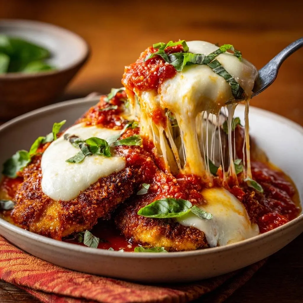 Crispy Chicken Parmesan with a fork lifting a piece showing gooey, stretchy mozzarella cheese and rich tomato sauce.