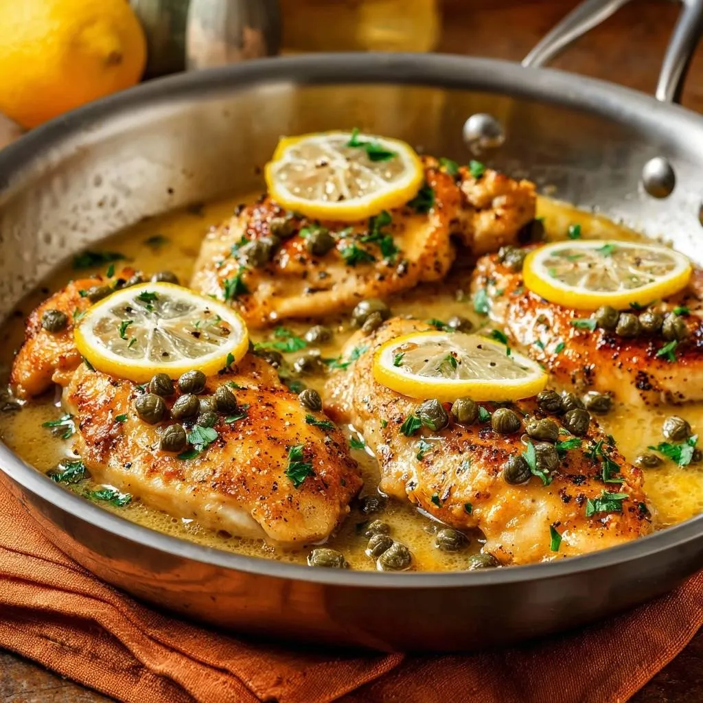 Chicken piccata with a lemon-caper sauce served in a skillet, garnished with lemon slices and parsley.
