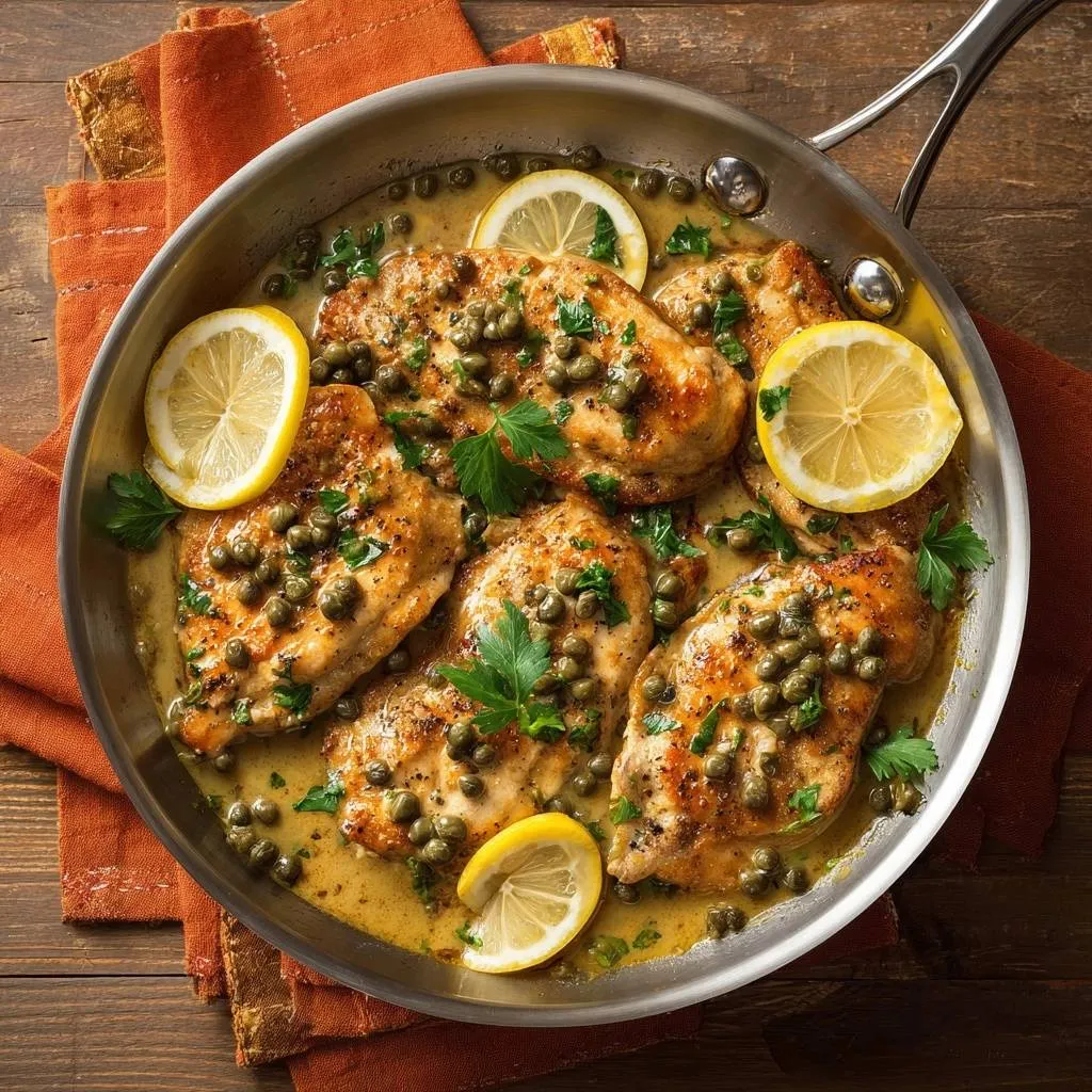 Chicken piccata with lemon-caper sauce served in a skillet, garnished with parsley and lemon slices.