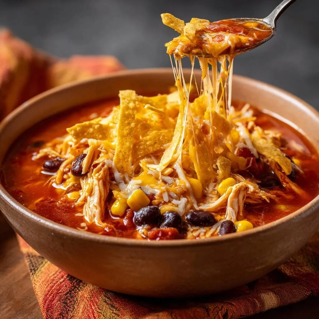 Chicken tortilla soup with a spoon lifting a cheesy, tortilla-laden portion, showcasing melted cheese strands.